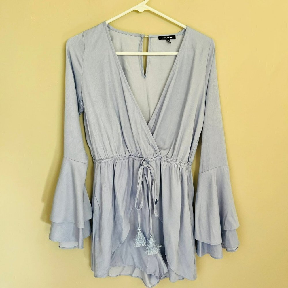 Fashion Nova Light Blue Long Sleeve Romper SZ M
